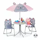 relaxdays Tavolo Bambini con Ombrellone, Set con 2 Sedie, da Campeggio e Giardino, Tavolino Picnic, Giochi, Casa, Grigio
