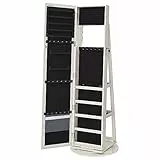 SONGMICS Armadietto Portagioie Girevole a 360°, Specchio a Figura Intera, Specchiera Portagioielli con Serratura, Specchietto Interno, Ripiani sul Retro, Bianco con Venature Grigie Chiare JBC62W