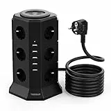 TESSAN Ciabatta Multipresa, Ciabatta Elettrica a 12 Prese, Multipresa USB con 5 porte USB e Interruttore, Torretta Multipresa con Protezione da Sovratensioni e Cortocircuito, Cavo da 3M, 2300W, Nero