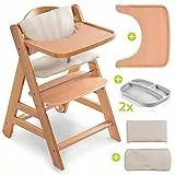 Hauck Seggiolone Set Alpha Plus Move - Sedia Bambini con Incl. Vassoio, Cuscino e 2 Piatti in Silicone - Seggiolone Pappa con Ruote e Vassoio - Legno