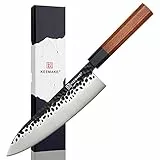 KEEMAKE Coltelli da Cucina 20 cm, Coltello Giapponese in Acciaio Inossidabile, Coltello Cucina con Manico in Legno Ottagonale, Coltello da Chef Lama Martellato Nero