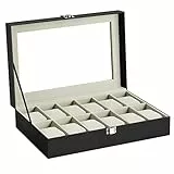 SONGMICS Porta Orologi a 12 Posti, Scatola Portaorologi, Coperchio in Vetro, Cuscini Rimovibili, Chiusura in Metallo, Idea Regalo, Superficie in PU Nera, Interno Verde-Beige JWB12BE