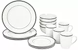 Amazon Basics Set di Stoviglie per 4 Persone, Porcellana, Bianco/Bordo Nero, 16 Pezzi