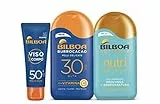 Bilboa, Kit Protezione Solare Con Latte Burrocacao, Crema Viso e Corpo e Doposole - Protezione Alta SPF 30 e SPF 50+ - Doposole Nutribronze per Prolungare l'Abbronzatura - 3 Pezzi, 475 ml