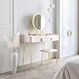 CARME Tokyo Glow - Toeletta imbottita in velluto trapuntato con luci a specchio a LED, 2 cassetti, sgabello, tavolino da caffè, trucco, mobili per camera da letto, set moderno (ballerina rosa)