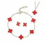 TOFBS Collana Quadrifoglio Parure Gioielli Fortunato Quadrifoglio 18K Placcato Oro Rosa Acciaio Inossidabile Doppia Faccia Rosso Nero Collana Orecchini Bracciali Set per Donna Ragazze (Rosso)