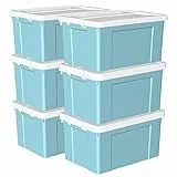 Cetomo Scatola portaoggetti in plastica 90L* 6, contenitore per organizzare con coperchio durevole e fibbie di chiusura sicura, impilabile e annidabile, confezione da 6 pezzi, blu con fibbia