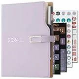 Diario accademico 2024, formato A5, giornaliero, con adesivi per calendari, agenda con portapenne e penna, carta spessa di alta qualità, 14 x 21,5 cm (viola)