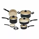 Amazon Basics, Batteria di pentole e padelle antiaderenti in ceramica da 11 pezzi, senza PFOA e PTFE, colore: nero e crema