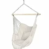 VOUNOT Poltrona Sospesa da Giardino 2 Cuscini, Sedia Amaca Altalena Macrame con Braccioli/Traversa in Legno, Portata Fino a 120 kg, per Interni Esterno Giardino, Beige