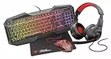 Trust Gaming GXT 1180RW USB Kit Cuffie, Tastiera Illuminata con 12 Tasti Multimediali e Anti-ghosting, Layout Italiano QWERTY, Mouse con 6 Pulsanti, Tappetino Antiscivolo - Nero