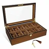 Uten Porta Orologi Legno a 12 Scomparti, Scatola per Orologi con Chiave e Serratura, Cuscinetti Rimovibili, Superficie in Legno Marrone, Interno Marrone, Scatola Portagioielli per Orologi Uomo e Donna