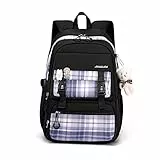 FANDARE Zainetti Cartelle per la scuola Zaino Scuola Zaino Casual Donna Uomo Zainetto per Studenti Scuole Viaggiare Daypacks con ciondolo in peluche & Distintivo Carino Impermeabile Nylon Nero
