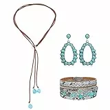 HIFOT 3 Pezzi Turchese Parure Gioielli Donna, Collana Turchese Cuoio, Chiusura Braccialetti Pelle, Orecchini Pendenti Etnici, Regalo Per Mamma Fidanzata Donna Compleanno Anniversario