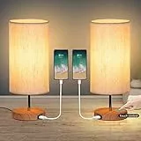 GLUROO Set di 2 Lampade da Tavolo o da Comodino con Controllo Touch, 3 Temperature di Colore e Luminosità Continua, Porte di Ricarica USB, Camera dei Bambini, Ufficio, legno