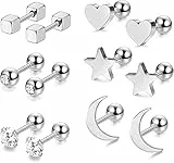 XINGXINLIAN 6 paia di orecchini a perno, in acciaio chirurgico, orecchini ipoallergenici in acciaio inossidabile, piercing alla cartilagine a forma di cuore e luna, 6 Pairs, Zirconia cubica