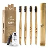 Greenzla Spazzolini Bamboo (Set da 4) con custodia da viaggio e filo interdentale in carbone | Setole morbide senza BPA | Set di spazzolini da denti in bambù naturale ecologico | Biodegradabili