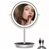 Auxmir Specchio con Luci di 3 colori, Ingranditore 10X/1X, Luminosità Regolabile Bifacciale Rotazione a 360°con Contenitore, Ideale per Trucco, Rasatura e Cura del Viso
