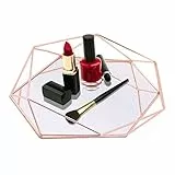 Organizzatori di vassoi cosmetici, vassoio per trucco con specchio in vetro poligonale, vassoio decorativo in metallo per vanità, comò, bagno, camera da letto (Oro rosa)
