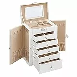 SONGMICS Scatola Portagioie Grande, Porta Gioielli a 6 Livelli con Ali, Cassetti, Specchio e Chiusura, per Braccialetti Orecchini Anelli Collane Orologi Monili, Idea Regalo, Bianco JBC152W01