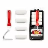 RIGO Kit Rulli Pittura Vernice Anti-goccia Anti-gocciolamento Piccoli in Spugna da 11cm con 4 Ricambi per Smalto con Vassoio – Rullo Perfetto per Superfici Metalliche o Legno, Porte ecc…