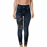 QWUVEDS Jeans da donna plus size faux denim floreale stampato pantaloni sexy leggings yoga jeggings donna a vita alta effetto jeans, verde, XL