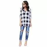 Magliette a Quadri Moda T Shirt Manica Tre Quarti Roll Up Camicie e Bluse Donna Tunica Scollo V Felpa Tumblr Autunno Pullover Sweatshirt Sportive Casual Maglia Asimmetrica Tartan Top Ragazza Estivi