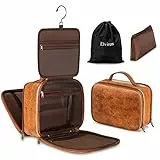 Elviros Borsa per Articoli da Toilette grande da Viaggio per Uomo, Beauty case in pelle, resistente all'acqua, Organizer con Borsa Asciutta Bagnata Gratuita, Marrone,33 x 26 x 12.7cm
