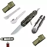 Set di posate da campeggio 5 in 1, posate pieghevoli, posate in acciaio inossidabile, posate da viaggio con borsa Oxford, coltello, forchetta, cucchiaio, apribottiglie per campeggio e all'aperto