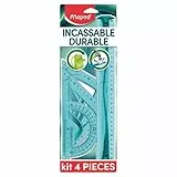 Kit di tracciatura Maped, infrangibile, 4 pezzi, composto da: 1 righello da 30 cm, 1 squadra da 60°/21 cm, 1 squadra da 45°/21 cm e 1 goniometro a 180°/12 cm, blu