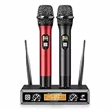 TONOR Microfono wireless UHF professionale dinamico doppio microfono senza fili, sistema di microfono a mano, set per karaoke, feste, DJ, chiesa, matrimonio, riunione, 60 metri, TW820, Nero e Rosso