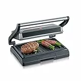 SEVERIN KG 2394 Bistecchiera elettrica 800W per sandwich con piastre antiaderenti, Piastra tostapane distribuzione uniforme del calore, Bistecchiera antiaderente con vassoio, Argento