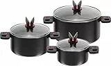 BALLARINI Set di 3 Pentole, 3 Pezzi, con 3 Coperchi, Rivestimento Antiaderente, Alluminio/Impugnature in Plastica, Click & Cook, Nero
