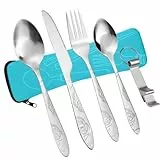 Vicloon Set di Posate con Custodia Portatile, 6 PCS Posate in Acciaio Inossidabile con Apribottiglie, Set di Posate da Viaggio Coltello Forchetta Cucchiaio Set per Campeggio Picnic (blu)
