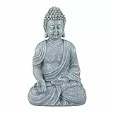Relaxdays Statua del Buddha Seduto, 30cm da Giardino e Soggiorno, in Poliresina, Impermeabile Anti-Gelo Grigio Chiaro