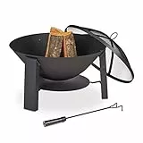 Relaxdays Braciere da Giardino con Protezione Parascintille, Griglia e Attizzatoio, HxD 59 x 89 cm, per Esterni, Nero