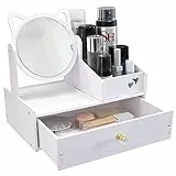 LEcylankEr Organizer Trucchi Bagno, Porta Trucchi Organizer da Tavolo Bianco, Portatrucchi Organizzatore Bagno con Specchio e Cassetti, per Camera da Letto/Bagno (Specchio rotondo)