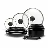 Sitram 713499 - Batteria da cucina in alluminio, 10 pezzi: 3 padelle Ø 20,24,28 cm + 3 padelle Ø 16,18,20 cm + 3 coperchi in vetro Ø 16,20,24 cm + manico rimovibile, tutti i piani cottura inclusi