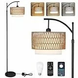 Rayofly Lampada da terra dimmerabile con telecomando e lampadina LED, controllo tramite app, lampada da terra Boho con paralume in lino e rattan, lampada da terra per soggiorno, camera da letto