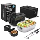 SOKTNEU Scaldavivande Elettrico Pro 80W 3 in 1 Lunch Box Portatile 1,5L Scaldavivande Porta Pranzo con Acciaio Inox Forchetta Cucchiaio e Borsa Termica per Auto Camion e Ufficio