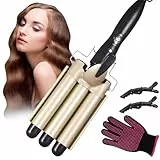 Saponhonix 3 Tubi Piastra arriccia Capelli,22MM Piastra Capelli Onde Beach Waves Ferro Arricciacapelli Professionale Ceramica Capelli,Temperatura Regolabile, Con 5 Clip e un guanto (nero)