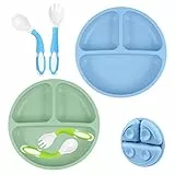 Vicloon Piatto per Bambini, 2 Pezzi Piatto con Ventosa per Bambini in Silicone, Piatti Bambini Pappa Svezzamento Piatto con 2 Cucchiaio e 2 Forchetta, Piastra di Alimentazione per Neonati con 3 Aree