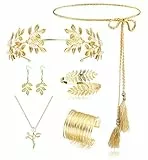 ORAZIO 7 Pezzi Dea Greca Costume Accessori Set per le Donne d'oro Romano Alloro Foglia Corona fasce Capelli Bracciale Bobina Perla Goccia Orecchini Sposa Copricapo Partito Vestaglia Cosplay Gioielli