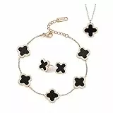 TOFBS Collana Quadrifoglio Parure Gioielli Fortunato Quadrifoglio 18K Placcato Oro Rosa Acciaio Inossidabile Doppia Faccia Nero Bianco Collana Orecchini Bracciali Set per Donna Ragazze (Nero)