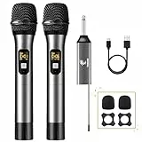 TONOR Microfono Senza Fili, UHF Sistema Microfonico Dinamico a Doppio Cordless in Metallo con Ricevitore Ricaricabile, Set di Microfoni Wireless per Canto Karaoke, DJ, Festa, 60m (TW630), Grigio