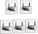 Auxmir 5PZ Ganci Adesivi, Ganci Appendiabiti in Acciaio Inox, Appendini Adesivi, Impermeabile Rimovibile senza Tracce per Bagno Cucina, Argento