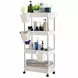 DOEWORKS Carrelli Portaoggetti con Tazze Appese Carrello Cucina a 4 Ripiani, Organizer Carrello Scaffale con Ruote per Cucina Bagno Ufficio, Bianca