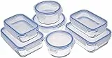 Amazon Basics - Contenitoris per alimenti, in vetro, con coperchi, 14 pezzi (7 unità contenitori + 7 coperchi), senza BPA, Trasparente, blu