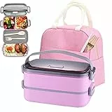 Haoh Lunch Box Kit - 1600ml 2 Strati Ermetica Porta Pranzo da Ufficio con Posate + Borsa Termica Porta Pranzo, Bento Box Microonde per Picnic Scuola Uffici Adulto (Rosa)