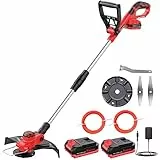 Bamse Decespugliatore a Batteria 21V, Tagliabordi a Batteria Brushless con 2 Batterie 2,0Ah, 2 Lame, 2 Taglio Linee, Impugnatura Regolabile, Tubo Telescopico, Testa Girevole 90° per Giardino Potatura